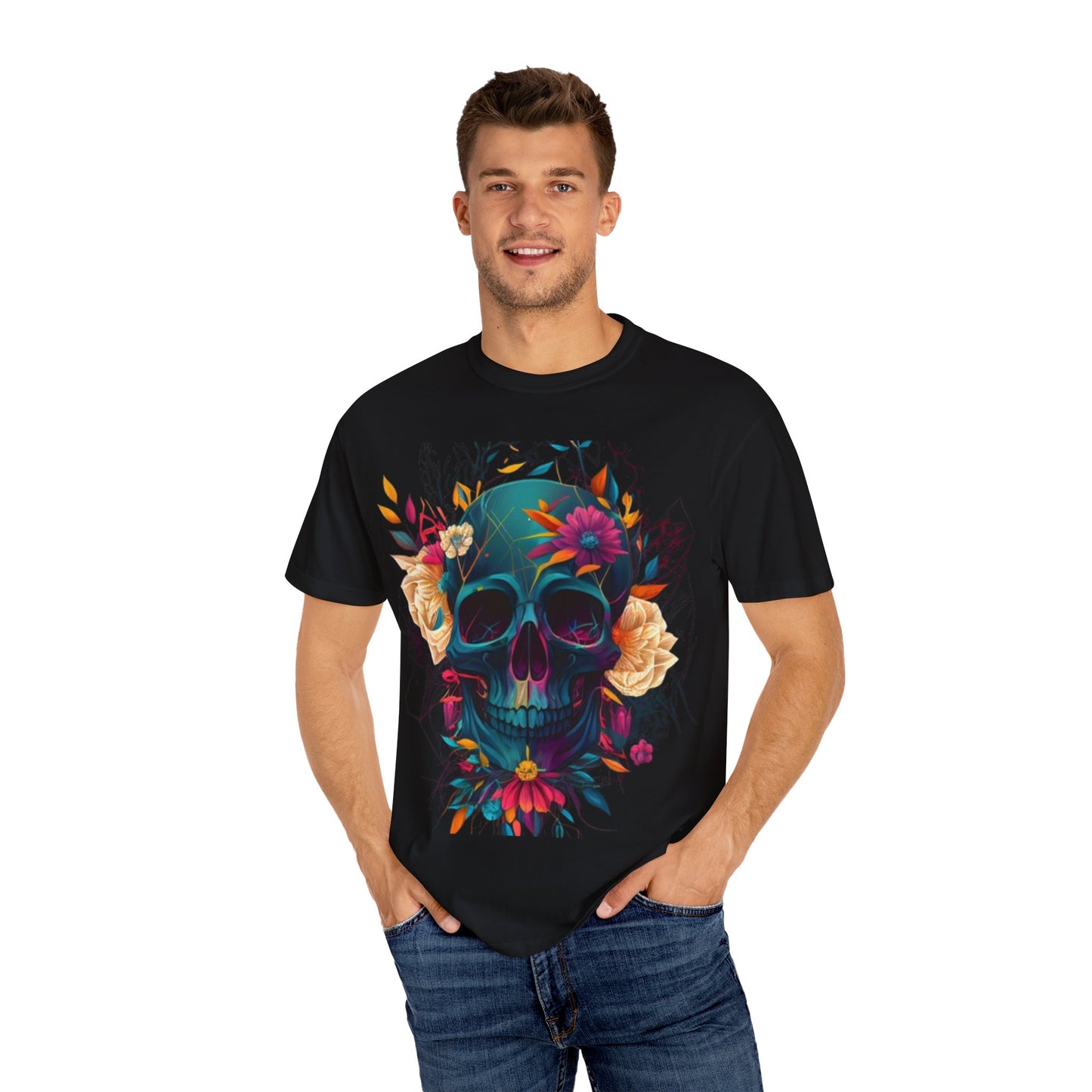 Floral Skull T-Shirt | Unisex Graphic Tee, Boho Style, Festival Wear, Casual Outfit, Gift for Him/Her